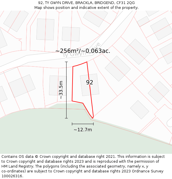 92, TY GWYN DRIVE, BRACKLA, BRIDGEND, CF31 2QG: Plot and title map