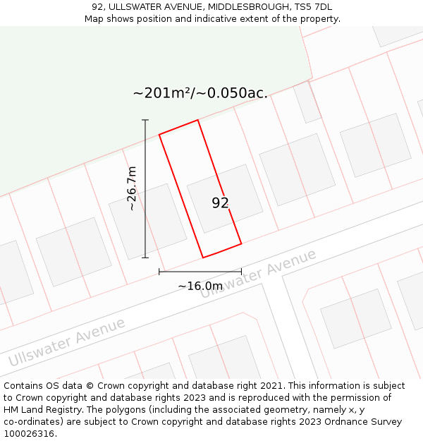 92, ULLSWATER AVENUE, MIDDLESBROUGH, TS5 7DL: Plot and title map