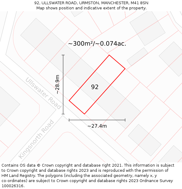92, ULLSWATER ROAD, URMSTON, MANCHESTER, M41 8SN: Plot and title map