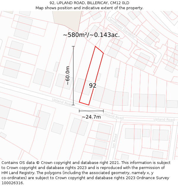 92, UPLAND ROAD, BILLERICAY, CM12 0LD: Plot and title map