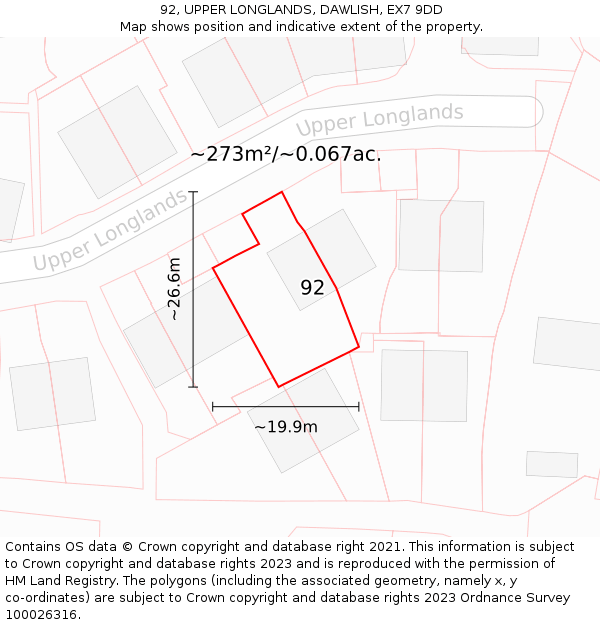 92, UPPER LONGLANDS, DAWLISH, EX7 9DD: Plot and title map