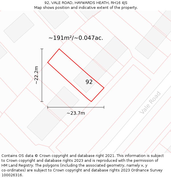92, VALE ROAD, HAYWARDS HEATH, RH16 4JS: Plot and title map