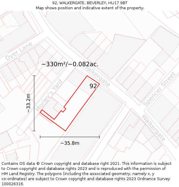 92, WALKERGATE, BEVERLEY, HU17 9BT: Plot and title map
