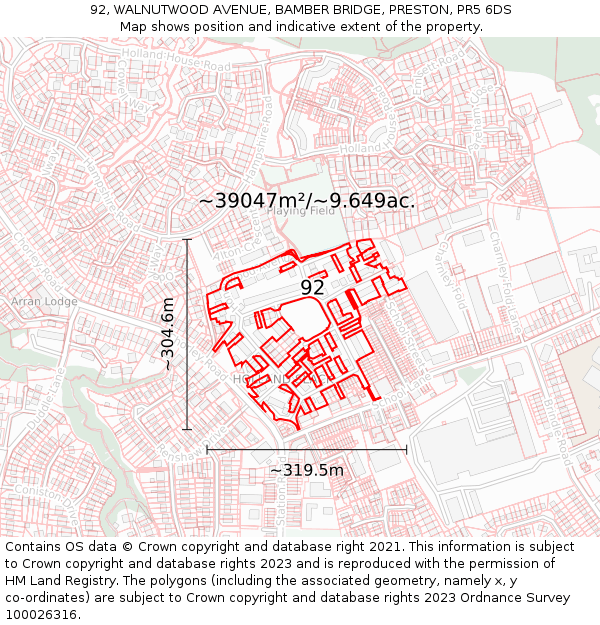 92, WALNUTWOOD AVENUE, BAMBER BRIDGE, PRESTON, PR5 6DS: Plot and title map