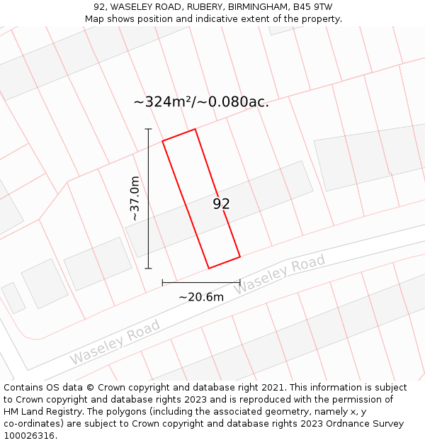 92, WASELEY ROAD, RUBERY, BIRMINGHAM, B45 9TW: Plot and title map