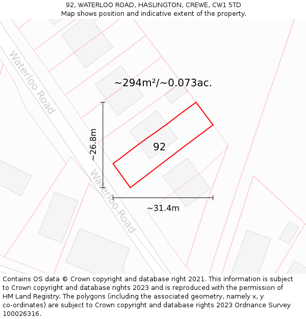 92, WATERLOO ROAD, HASLINGTON, CREWE, CW1 5TD: Plot and title map