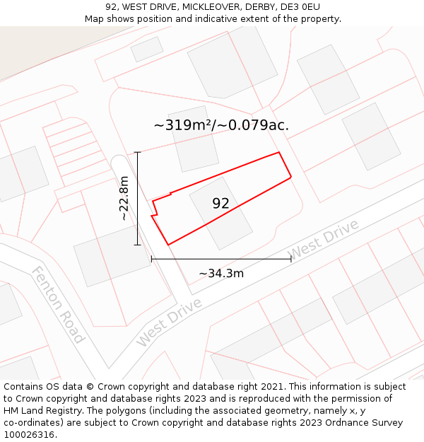 92, WEST DRIVE, MICKLEOVER, DERBY, DE3 0EU: Plot and title map