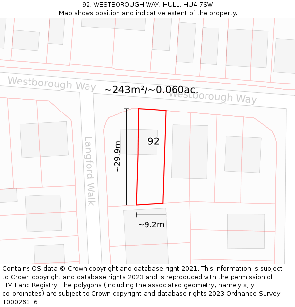 92, WESTBOROUGH WAY, HULL, HU4 7SW: Plot and title map