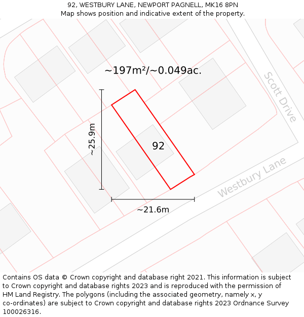 92, WESTBURY LANE, NEWPORT PAGNELL, MK16 8PN: Plot and title map