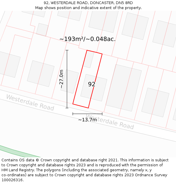 92, WESTERDALE ROAD, DONCASTER, DN5 8RD: Plot and title map