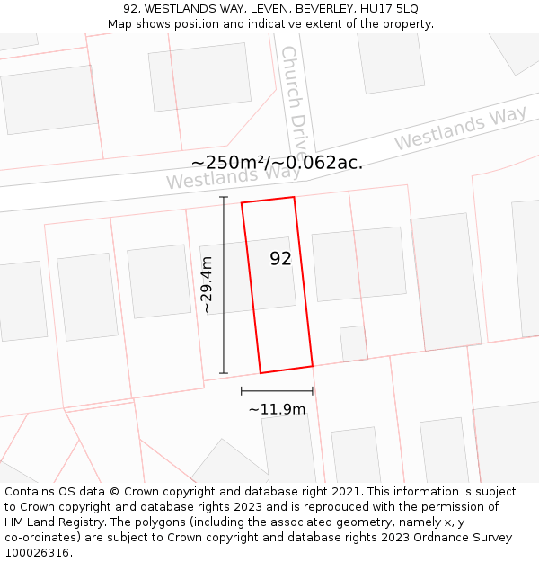 92, WESTLANDS WAY, LEVEN, BEVERLEY, HU17 5LQ: Plot and title map