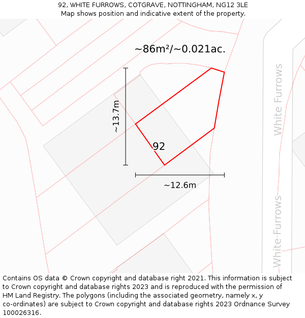 92, WHITE FURROWS, COTGRAVE, NOTTINGHAM, NG12 3LE: Plot and title map