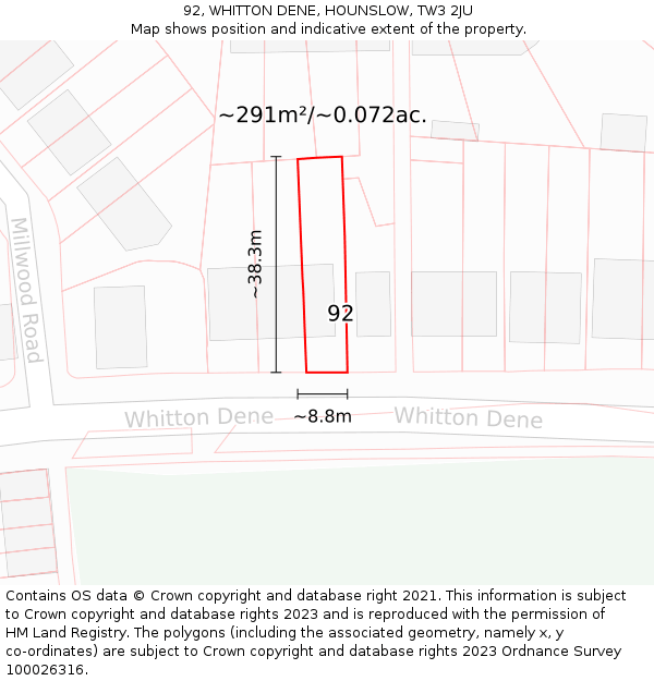 92, WHITTON DENE, HOUNSLOW, TW3 2JU: Plot and title map