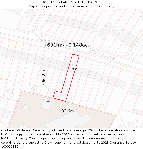 92, WIDNEY LANE, SOLIHULL, B91 3LL: Plot and title map