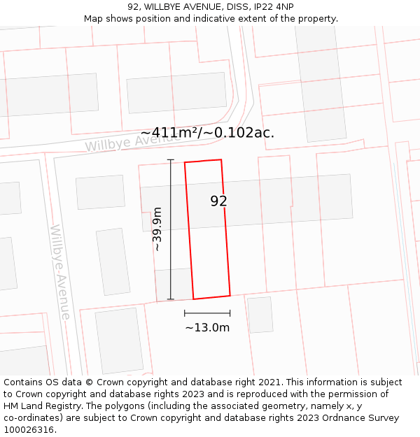 92, WILLBYE AVENUE, DISS, IP22 4NP: Plot and title map