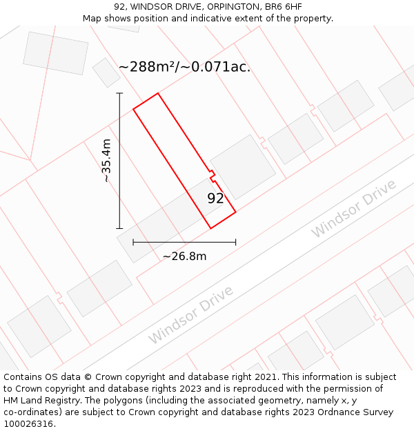 92, WINDSOR DRIVE, ORPINGTON, BR6 6HF: Plot and title map