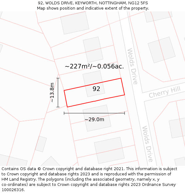 92, WOLDS DRIVE, KEYWORTH, NOTTINGHAM, NG12 5FS: Plot and title map
