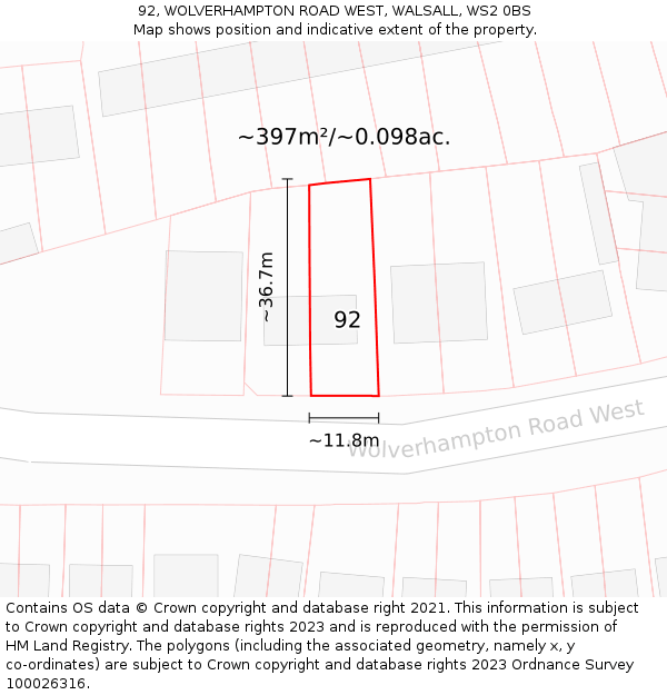 92, WOLVERHAMPTON ROAD WEST, WALSALL, WS2 0BS: Plot and title map