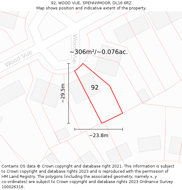 92, WOOD VUE, SPENNYMOOR, DL16 6RZ: Plot and title map