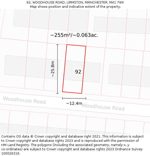 92, WOODHOUSE ROAD, URMSTON, MANCHESTER, M41 7WX: Plot and title map