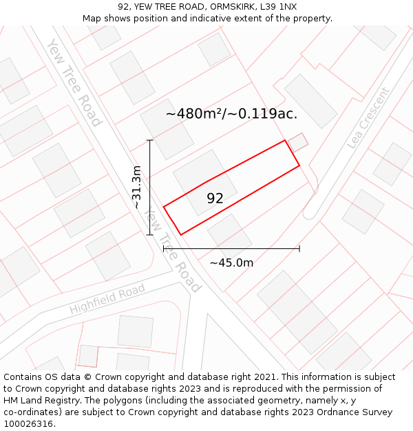 92, YEW TREE ROAD, ORMSKIRK, L39 1NX: Plot and title map