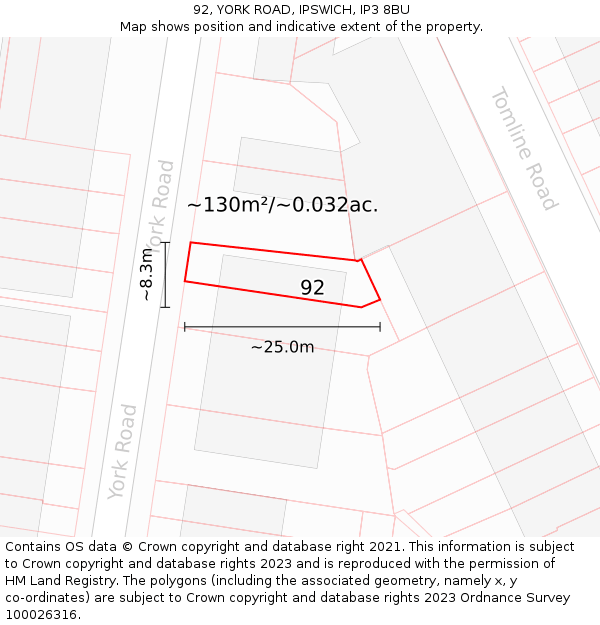 92, YORK ROAD, IPSWICH, IP3 8BU: Plot and title map