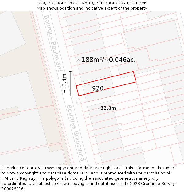 920, BOURGES BOULEVARD, PETERBOROUGH, PE1 2AN: Plot and title map
