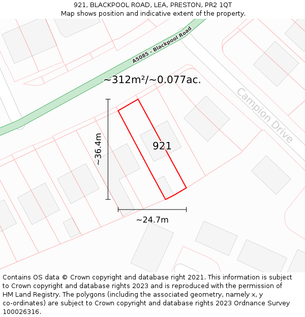 921, BLACKPOOL ROAD, LEA, PRESTON, PR2 1QT: Plot and title map