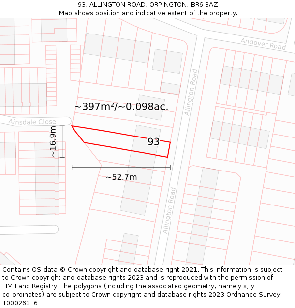 93, ALLINGTON ROAD, ORPINGTON, BR6 8AZ: Plot and title map