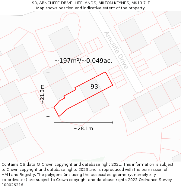 93, ARNCLIFFE DRIVE, HEELANDS, MILTON KEYNES, MK13 7LF: Plot and title map