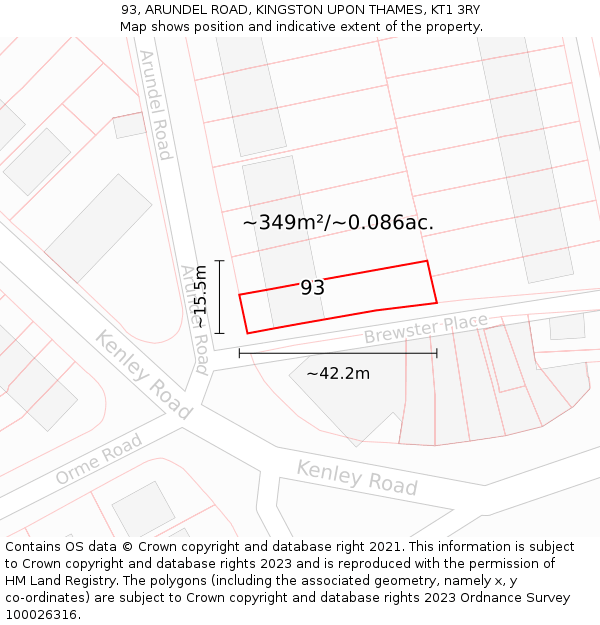 93, ARUNDEL ROAD, KINGSTON UPON THAMES, KT1 3RY: Plot and title map