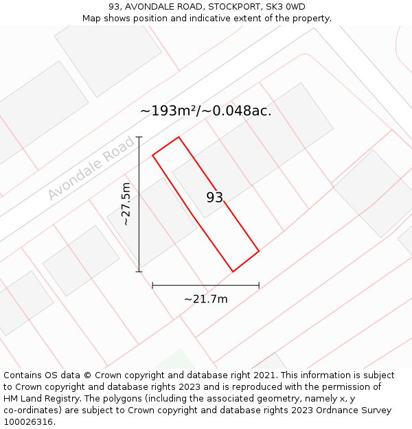93, AVONDALE ROAD, STOCKPORT, SK3 0WD: Plot and title map