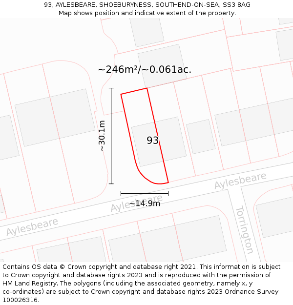 93, AYLESBEARE, SHOEBURYNESS, SOUTHEND-ON-SEA, SS3 8AG: Plot and title map