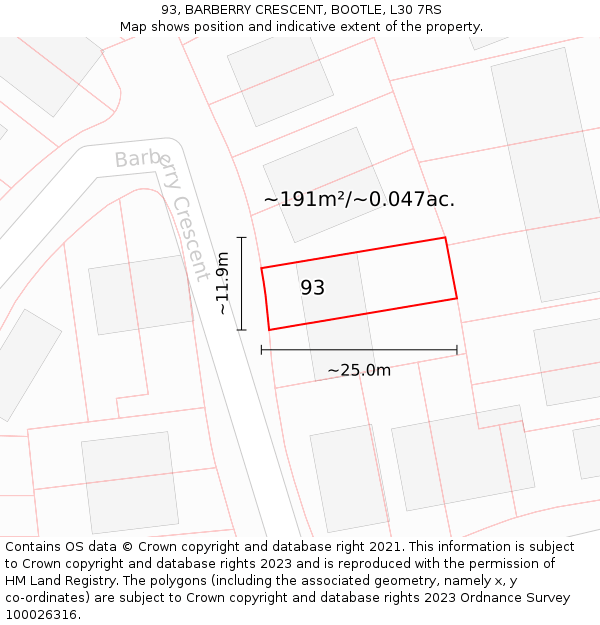 93, BARBERRY CRESCENT, BOOTLE, L30 7RS: Plot and title map