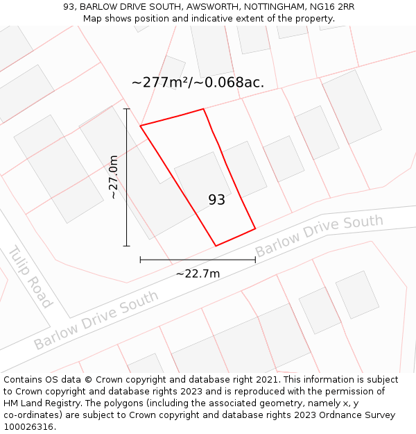 93, BARLOW DRIVE SOUTH, AWSWORTH, NOTTINGHAM, NG16 2RR: Plot and title map
