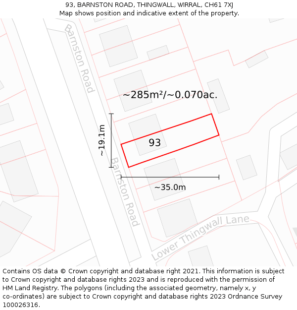 93, BARNSTON ROAD, THINGWALL, WIRRAL, CH61 7XJ: Plot and title map