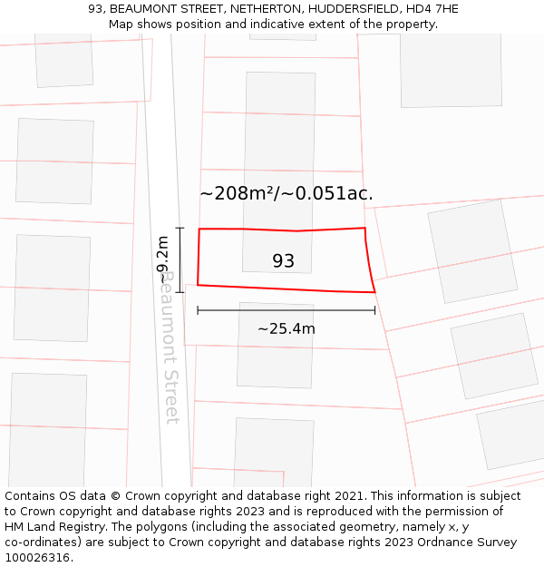 93, BEAUMONT STREET, NETHERTON, HUDDERSFIELD, HD4 7HE: Plot and title map