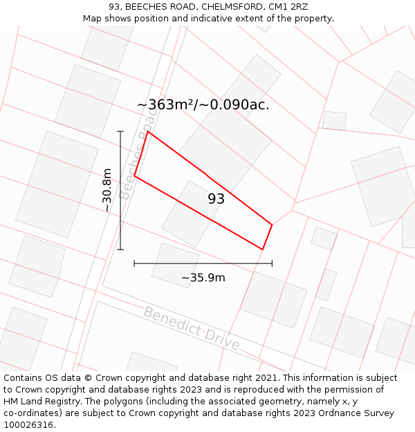 93, BEECHES ROAD, CHELMSFORD, CM1 2RZ: Plot and title map