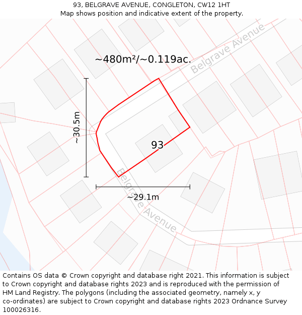 93, BELGRAVE AVENUE, CONGLETON, CW12 1HT: Plot and title map