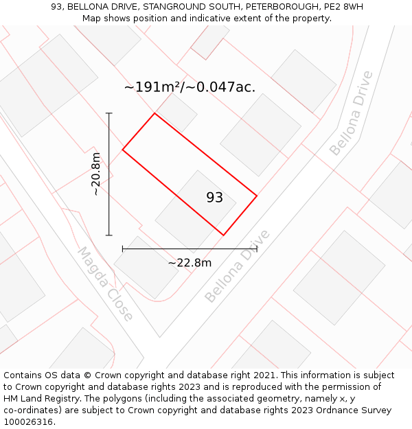 93, BELLONA DRIVE, STANGROUND SOUTH, PETERBOROUGH, PE2 8WH: Plot and title map