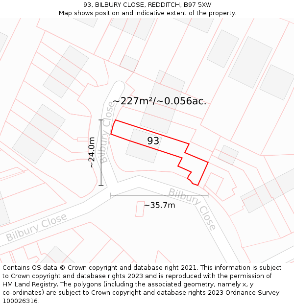 93, BILBURY CLOSE, REDDITCH, B97 5XW: Plot and title map