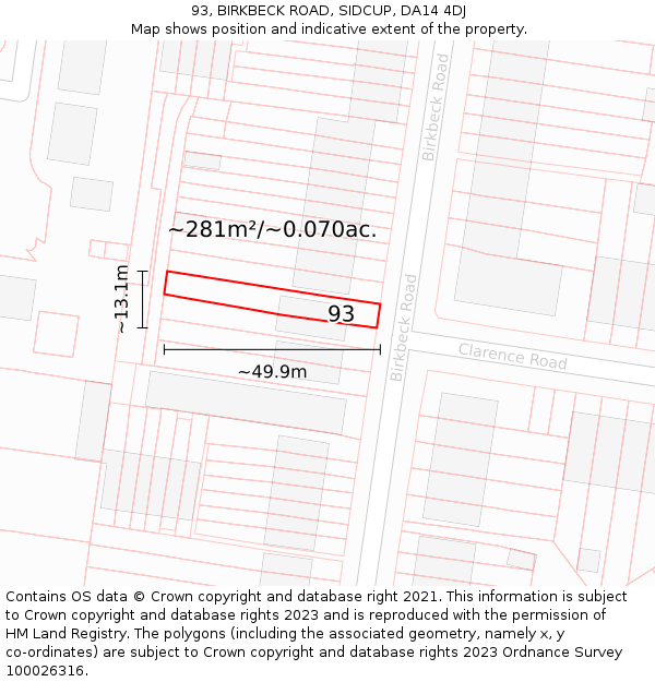 93, BIRKBECK ROAD, SIDCUP, DA14 4DJ: Plot and title map