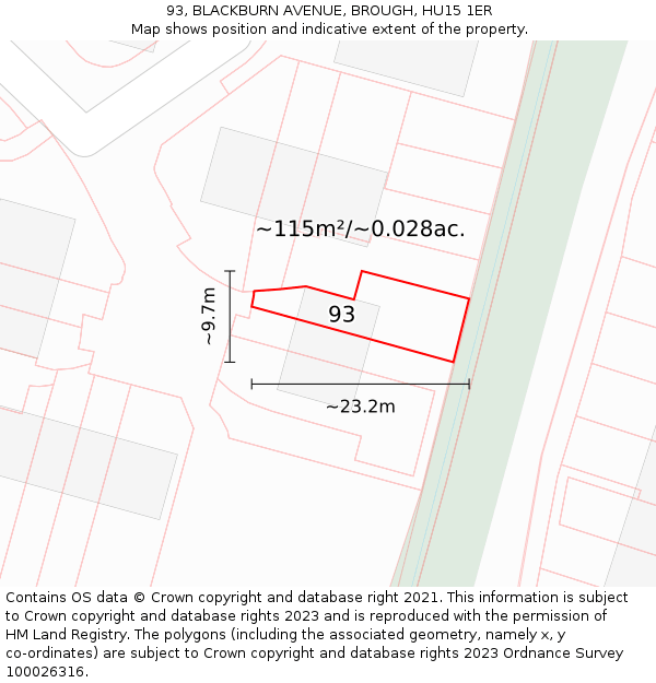 93, BLACKBURN AVENUE, BROUGH, HU15 1ER: Plot and title map