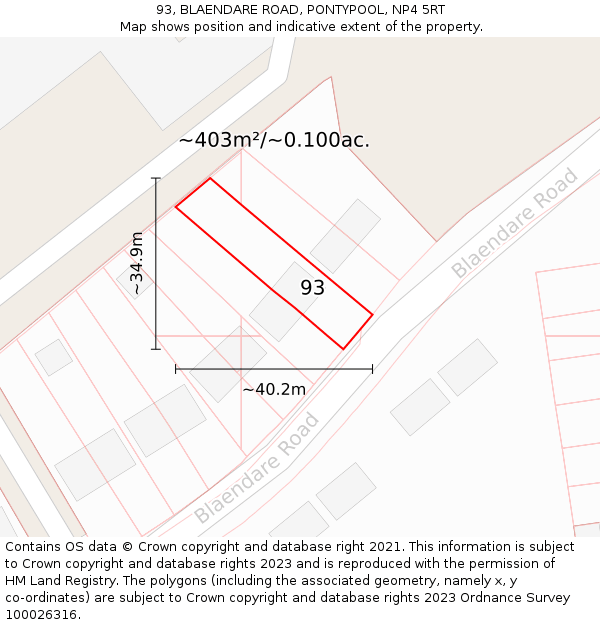 93, BLAENDARE ROAD, PONTYPOOL, NP4 5RT: Plot and title map