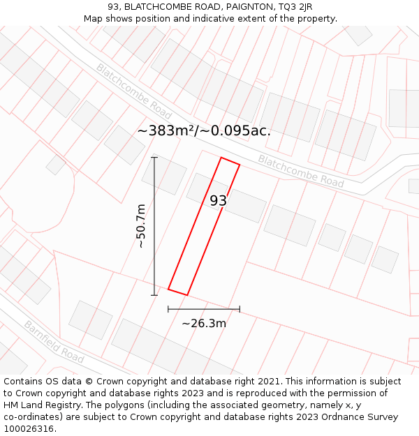 93, BLATCHCOMBE ROAD, PAIGNTON, TQ3 2JR: Plot and title map