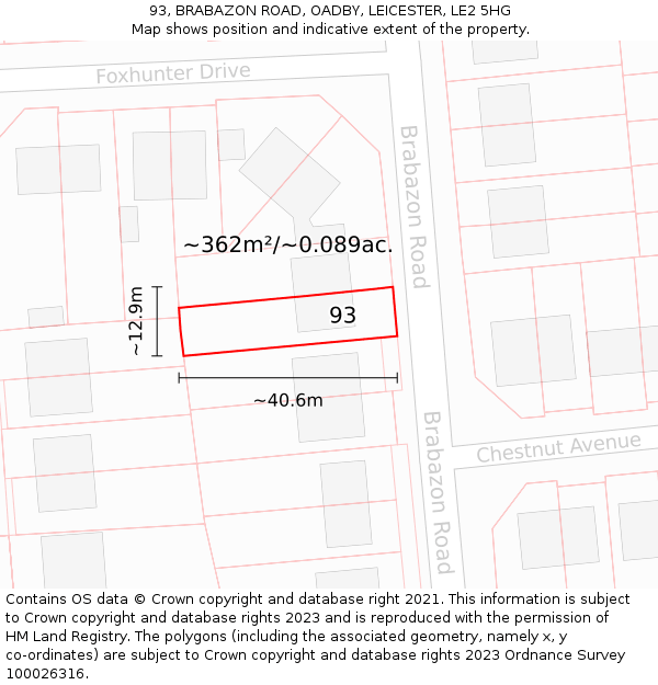 93, BRABAZON ROAD, OADBY, LEICESTER, LE2 5HG: Plot and title map