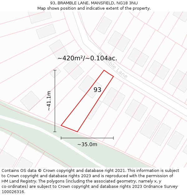 93, BRAMBLE LANE, MANSFIELD, NG18 3NU: Plot and title map