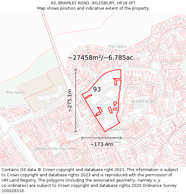 93, BRAMLEY ROAD, AYLESBURY, HP18 0FT: Plot and title map