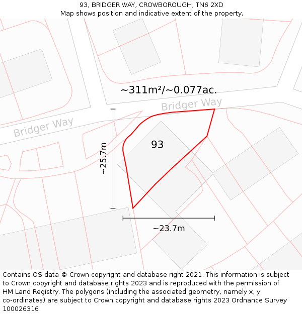 93, BRIDGER WAY, CROWBOROUGH, TN6 2XD: Plot and title map