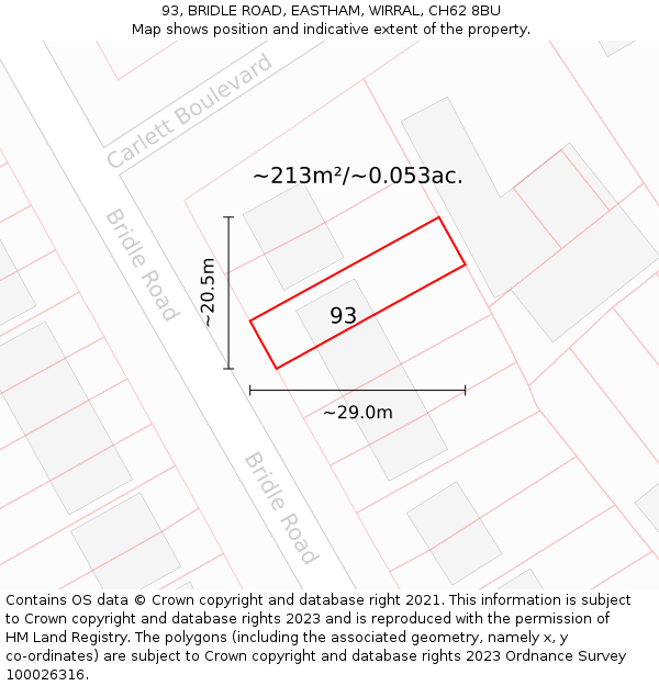 93, BRIDLE ROAD, EASTHAM, WIRRAL, CH62 8BU: Plot and title map